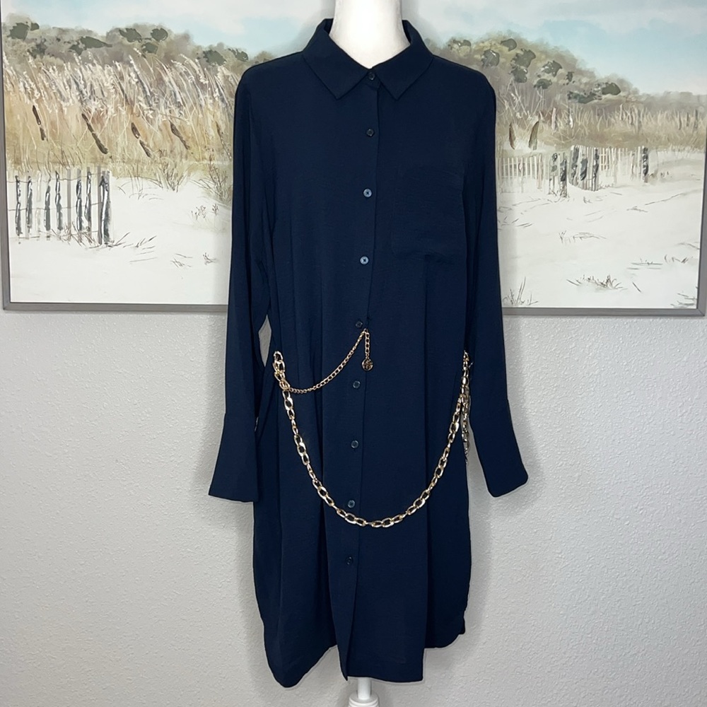 NWT DKNY Women's Shirt Dress W/ Gold Chainlink Belt In Dark Blue New 💙